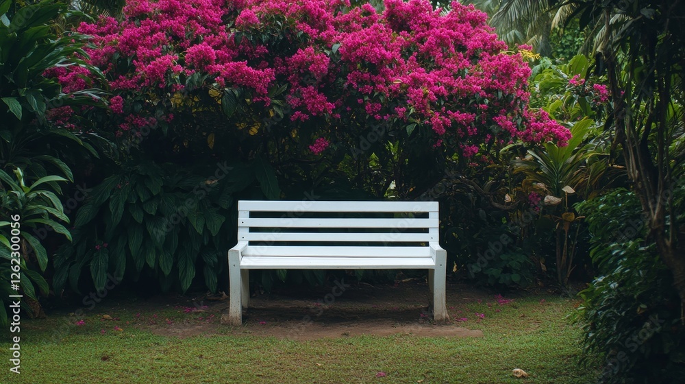 A white bench sits in a garden with pink flowers in the background. The bench is empty and surrounded by greenery A white bench sits in a garden with pink flowers in the background. The bench is empty and surrounded by greenery