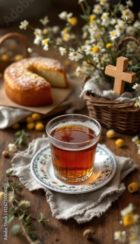 Rustic tea setting with chamomile, cake, and basket on wooden table