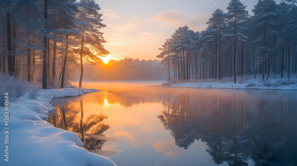 Fototapeta premium Peaceful Winter Sunrise Reflecting on a Serene Snow-Covered Forest River