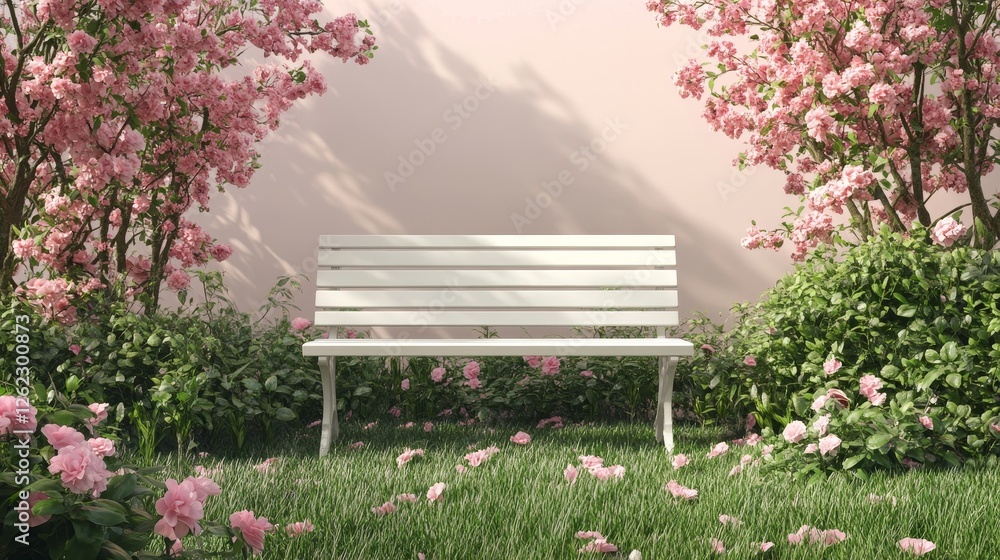 A white bench sits in a garden with pink flowers in the background. The bench is empty and surrounded by greenery A white bench sits in a garden with pink flowers in the background. The bench is empty and surrounded by greenery