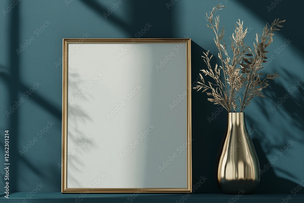 blank mockup of poster in gold foil frame leaning against dark blue wall with golden flowers vase near by blank mockup of poster in gold foil frame leaning against dark blue wall with golden flowers vase near by