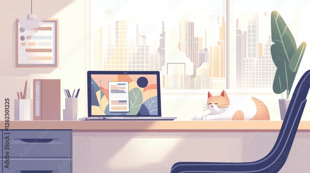 Fototapeta premium Modern Home Office Sunlit Desk Laptop Cat City View