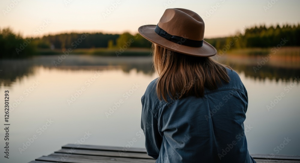 Young caucasian female in hat relaxing by tranquil lake at sunset Young caucasian female in hat relaxing by tranquil lake at sunset