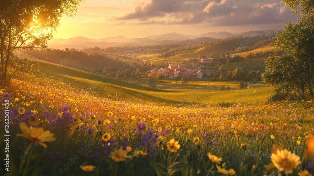 Sunset over flower field, village in hills. Postcard, tourism Sunset over flower field, village in hills. Postcard, tourism