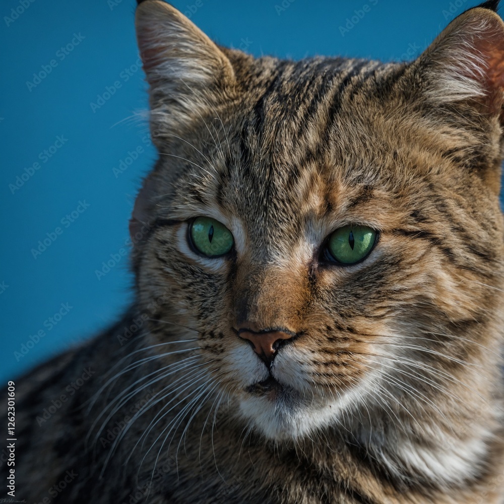 A wild cat with piercing green eyes against a pure blue backdrop. A wild cat with piercing green eyes against a pure blue backdrop.