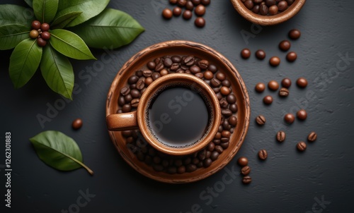 Coffee cup surrounded by beans and leaves
