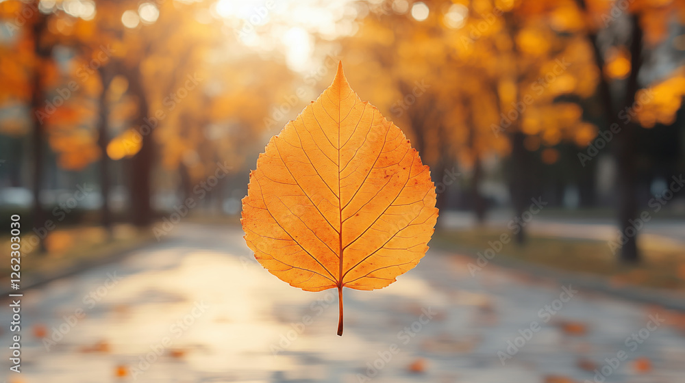 Autumn leaf glowing in sunlight with blurred fall forest background, showcasing natural seasonal transformation and golden hour lighting Autumn leaf glowing in sunlight with blurred fall forest background, showcasing natural seasonal transformation and golden hour lighting