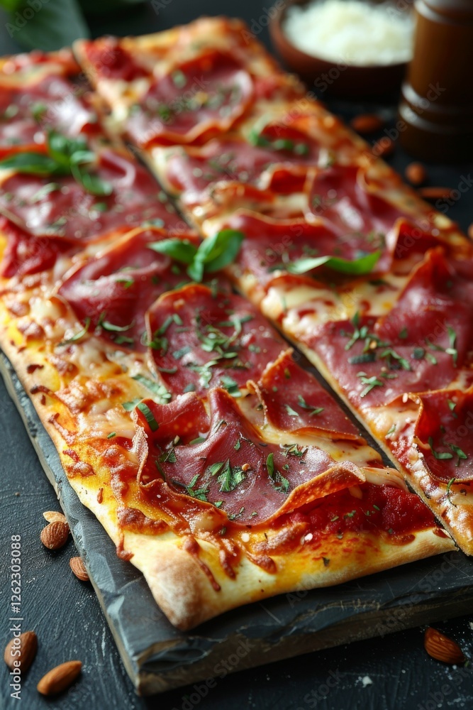 Perfectly baked pizza. Square pizza slices, topped with melted cheese, herbs and spices. on clean dark surface. product photography. Perfectly baked pizza. Square pizza slices, topped with melted cheese, herbs and spices. on clean dark surface. product photography.