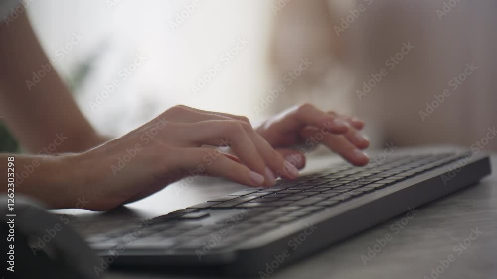 Woman typing on wireless keyboard at home Woman typing on wireless keyboard at home