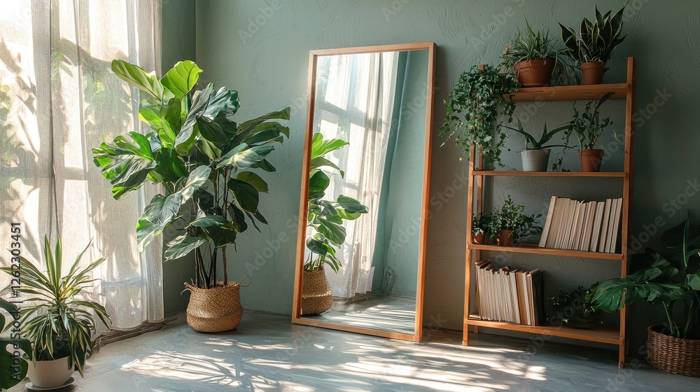 Fototapeta premium Sunlit Interior with Plants and Bookshelf