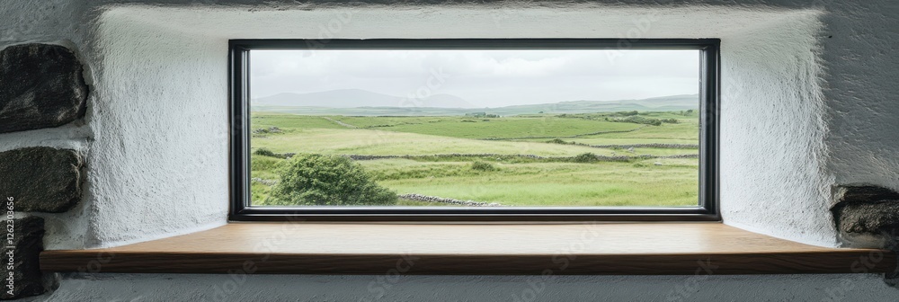 Obraz premium Stone window reveals idyllic pastoral landscape view