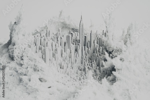 A highly detailed three-dimensional printed model displays a complex urban cityscape complete with skyscrapers photo