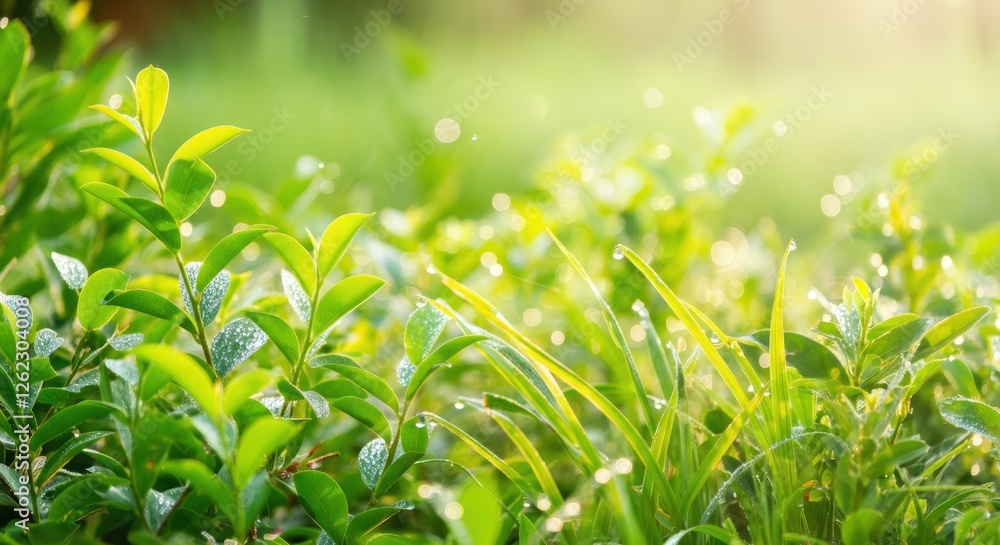 Sunlit dew on fresh greenery in a serene morning landscape Sunlit dew on fresh greenery in a serene morning landscape