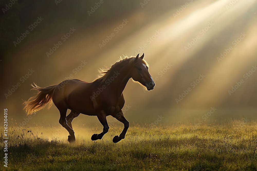 A striking scene of a horse trotting through a meadow highlighted by soft rays of sunlight streaming down, illuminating the vessel of movement against a golden glow. A striking scene of a horse trotting through a meadow highlighted by soft rays of sunlight streaming down, illuminating the vessel of movement against a golden glow.