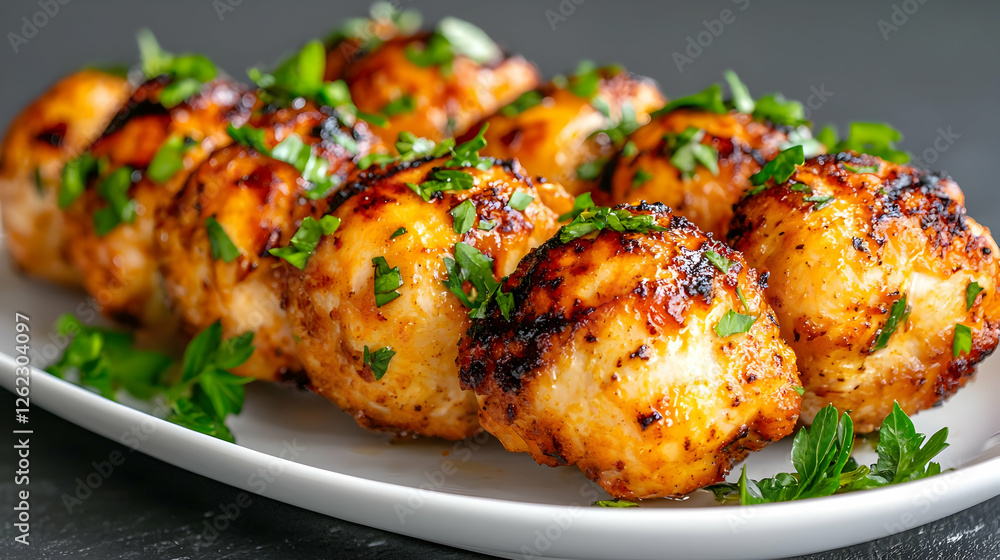 Grilled chicken skewers, parsley garnish, dark background, food photography, recipe illustration Grilled chicken skewers, parsley garnish, dark background, food photography, recipe illustration