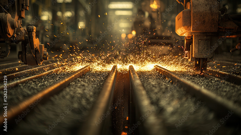 Obraz premium detailed portrayal of steel beam fabrication with sparks flying in factory setting, showcasing industrial machinery and processes
