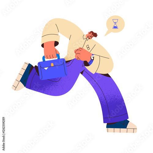 Busy employee is late, hurries, rushes to meet deadline. Business man runs, looking at wristwatch on the go to urgent work. Concept of bad time management, tardiness. Flat isolated vector illustration