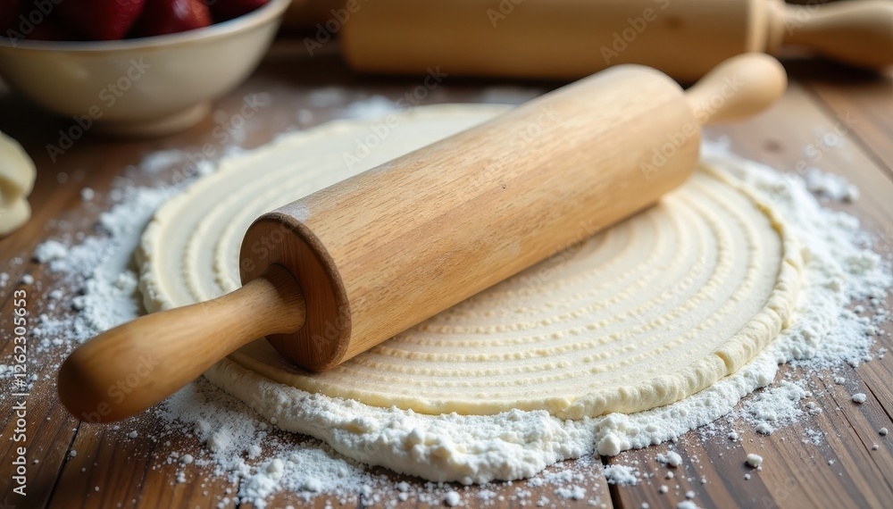 Wooden rolling pin on floured surface, rustic style, bread, close up