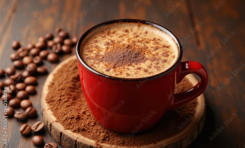 Red cup of coffee with cocoa topping Red cup of coffee with cocoa topping