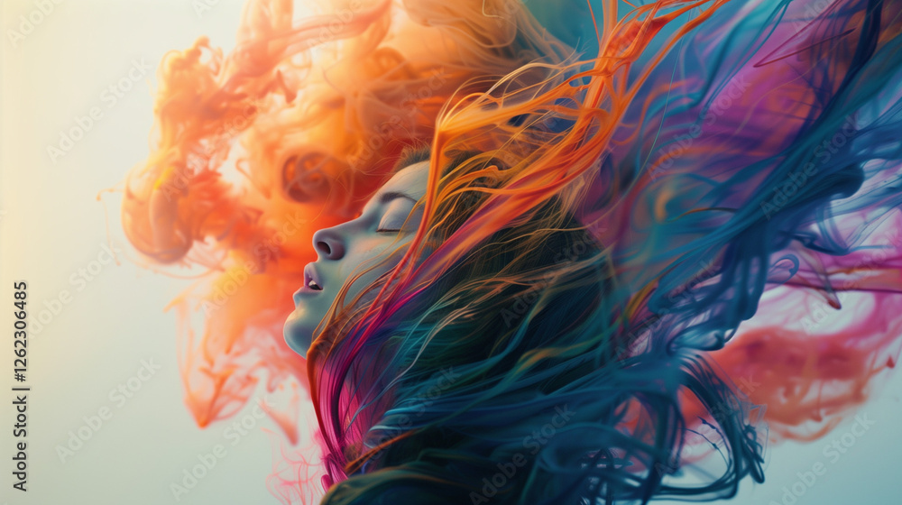 Obraz premium A dreamlike portrait where a person’s hair morphs into vibrant, swirling paint strokes, blending the boundaries of reality and imagination in an explosion of color.