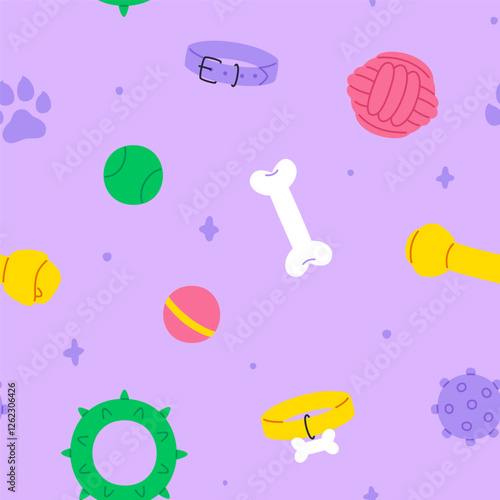 Dog accessories cartoon pattern. Seamless vector print with pet supplies.