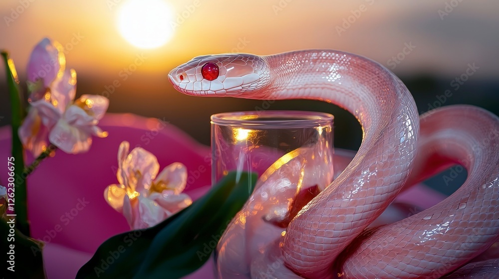 Fototapeta premium Pink Snake Coiled near Glass Flowers at Sunset