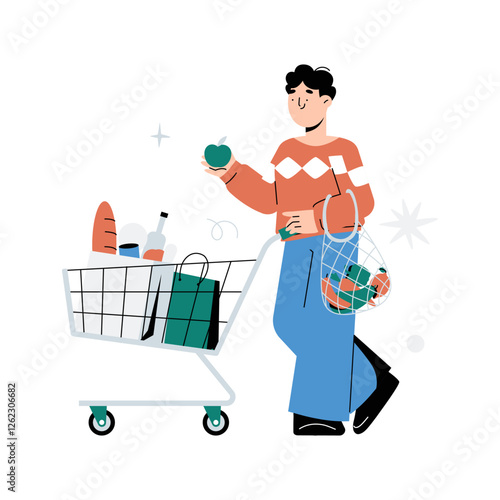 Male Shopper With Grocery Cart And Fresh Products In Flat Vector Illustration Symbolizing Healthy Lifestyle, Supermarket Shopping, And Grocery Purchases, Isolated On White Background