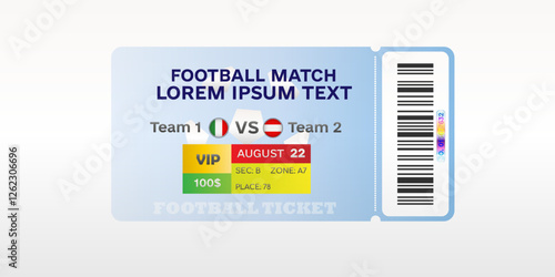 Football match ticket template with barcode and placeholder text on blue background. Sports event admission pass design