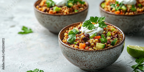 A clean arrangement of cooked quinoa, black beans, and Greek yogurt in individual bowls. photo