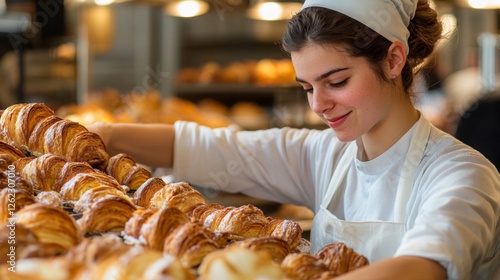 Baker Arranging Freshly Baked Croissants in a Bakery
