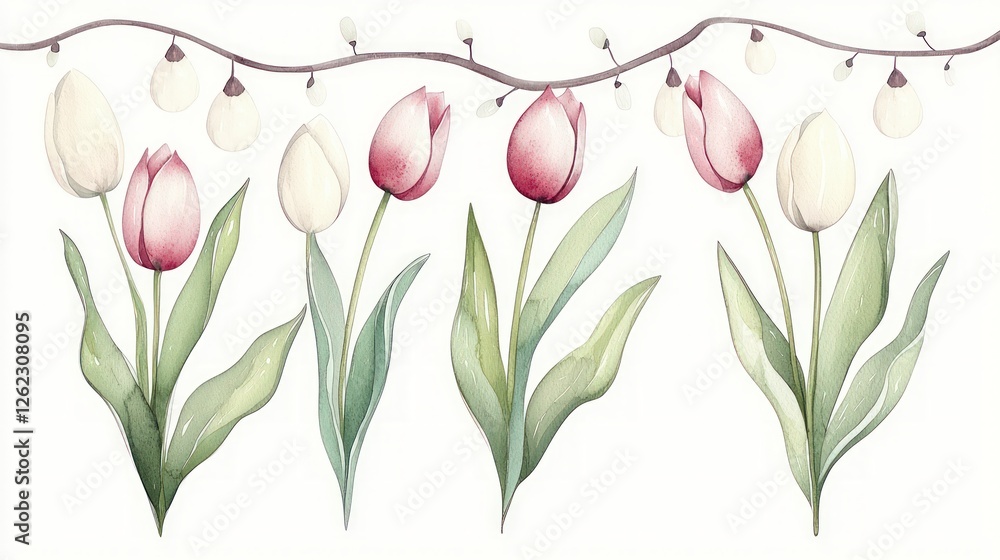 Obraz premium Watercolor Tulips Spring Floral Seamless Pattern Design