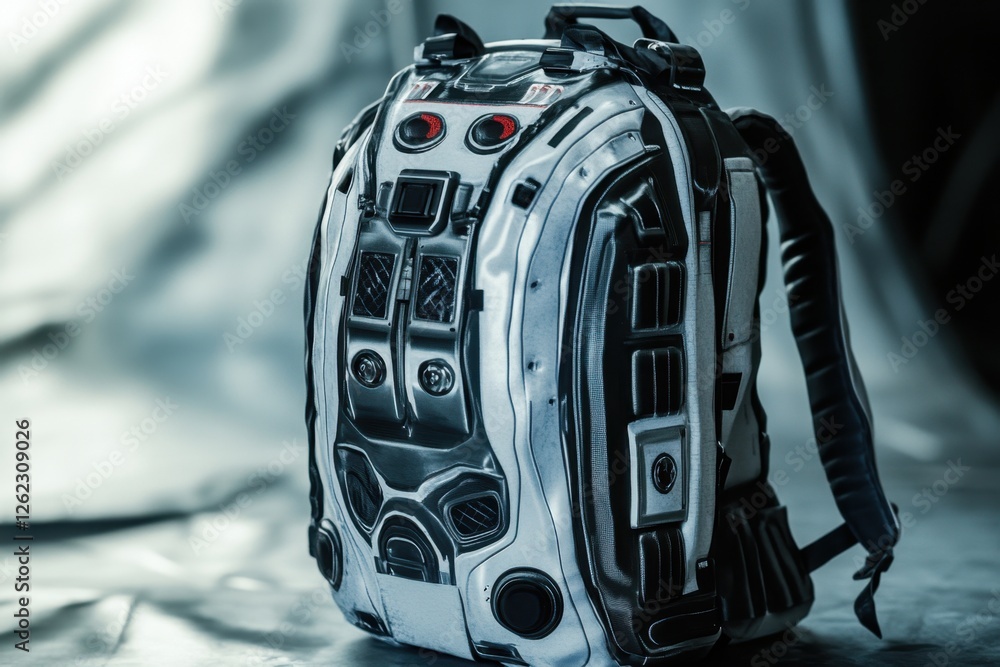 Fototapeta premium Futuristic silver and black backpack with complex design elements