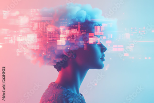 Futuristic portrait of a person with floating digital elements and a cloud-like head display in neon colors