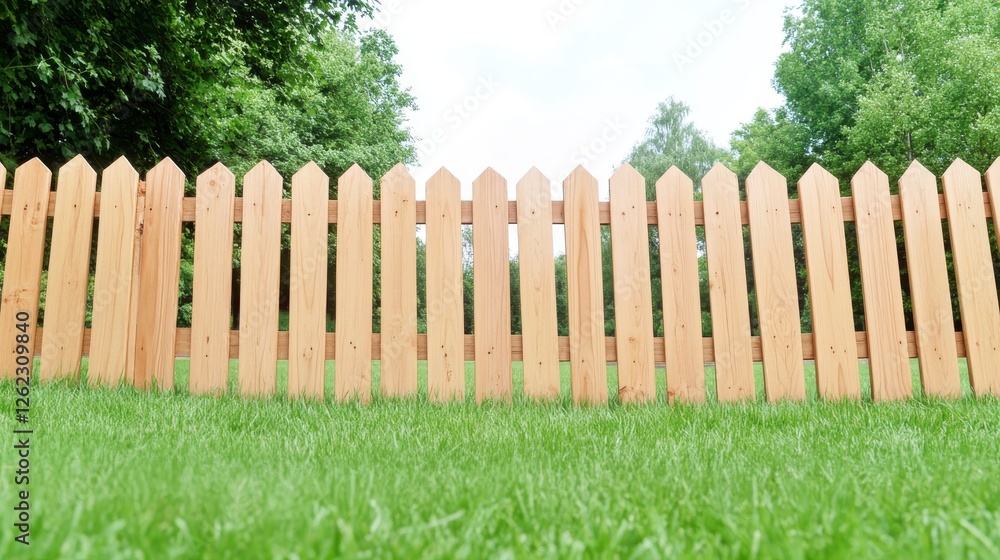 Fototapeta premium Light Brown Wooden Picket Fence In Lush Green Lawn