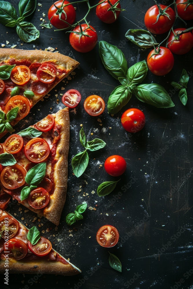 Naklejka premium Stone baked pizza: Freshly baked pizza topped with mozzarella, sliced tomatoes and basil. Italian styled pizza.