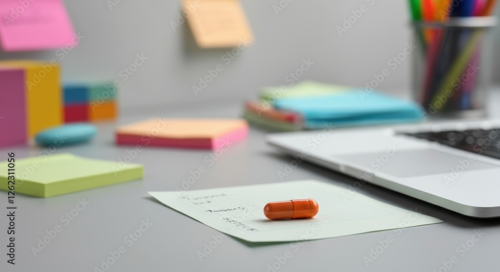 Close-up of orange pill on desk with sticky notes and laptop in office setting Close-up of orange pill on desk with sticky notes and laptop in office setting