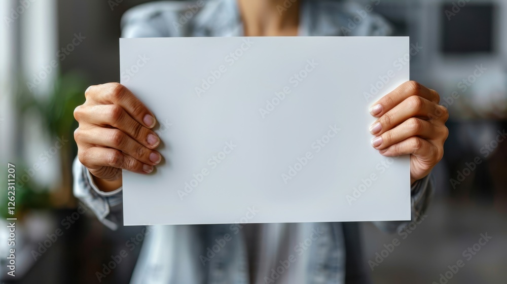 Woman holding blank white paper with both hands indoors Woman holding blank white paper with both hands indoors
