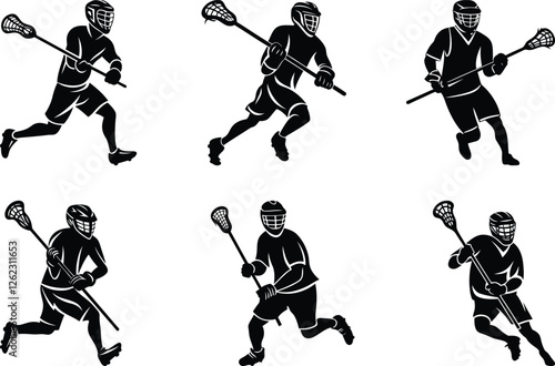 Lacrosse player in action vector illustration set, lacrosse player in action silhouette vector art, lacrosse player in action line art vector icon design