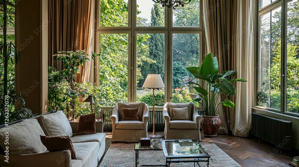 Fototapeta premium Serene Living Room with Garden View: Luxurious Interior Design