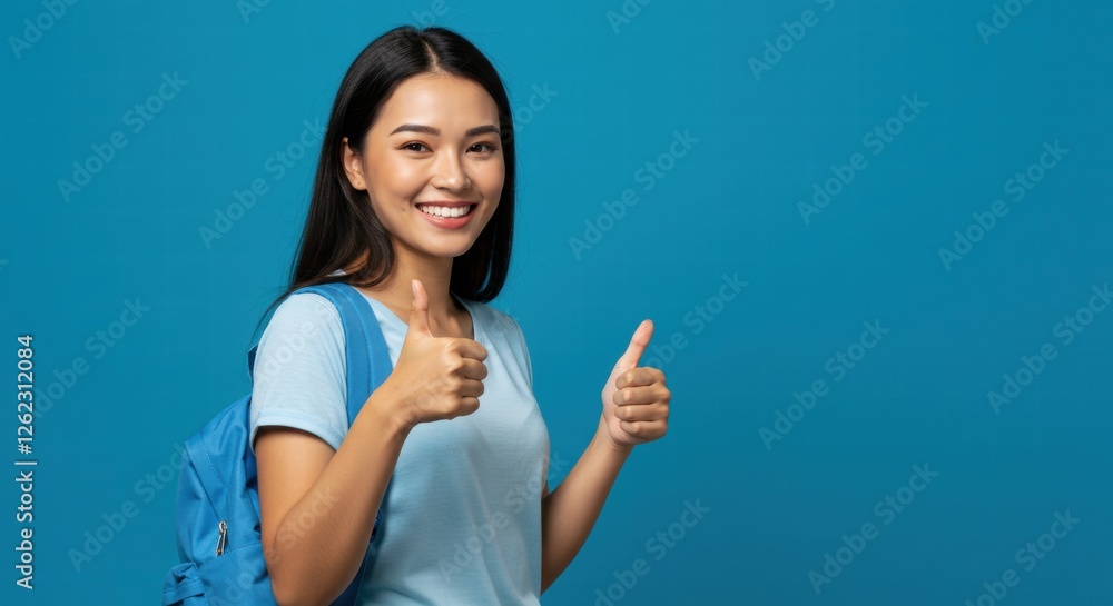 Fototapeta premium A beautiful woman poses in the studio with a light blue background