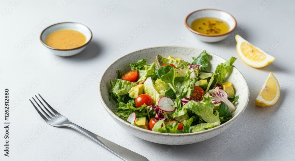 Fresh garden salad with cherry tomatoes, avocado, and radishes Fresh garden salad with cherry tomatoes, avocado, and radishes