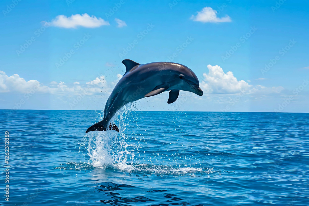 Fototapeta premium Playful Dolphin Leaping Joyfully from Ocean Waves. Majestic Marine Life Celebrating Freedom in Natural Habitat. Serene Scene of Nature's Graceful Creatures...