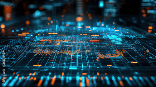 Wallpaper Mural Digital data visualization showcasing vibrant blue and orange circuits on a futuristic platform. Generative AI Torontodigital.ca