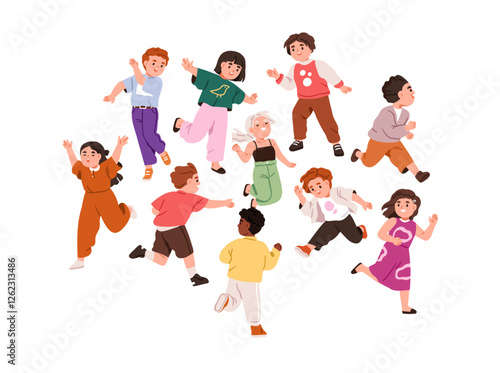 Happy kids group. Cute funny active kindergarten children playing, running, laughing and dancing. Energetic playful boys and girls having fun. Flat vector illustration isolated on white background