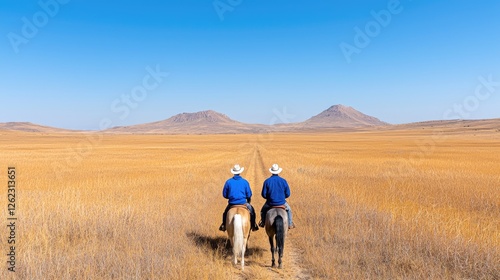 Two cowboys ride horses across vast plains