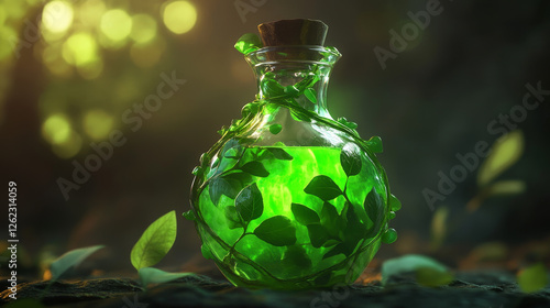 Potion bottle with nature energy. Cartoon vector glass flask with green glow magic elixir. Earth power wizard spell in crystal jar with plant roots or vine. Glowing witch poison, ui game nostrum asset photo