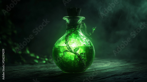 Potion bottle with nature energy. Cartoon vector glass flask with green glow magic elixir. Earth power wizard spell in crystal jar with plant roots or vine. Glowing witch poison, ui game nostrum asset photo