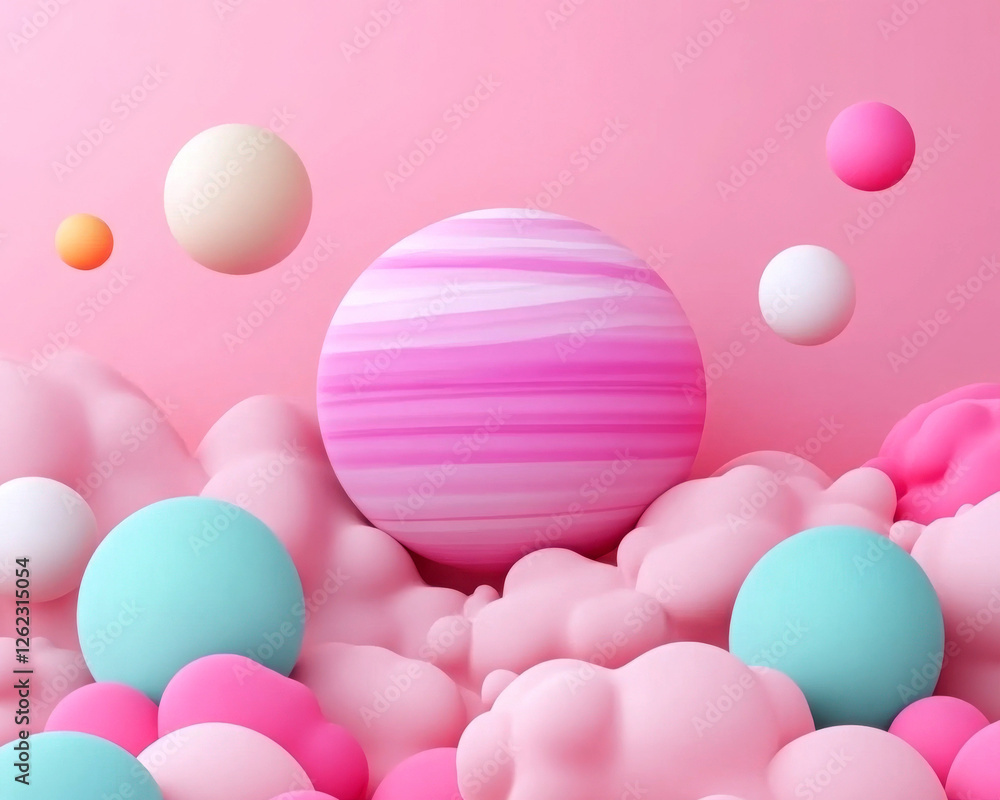 Colorful abstract spheres floating above pink clouds. Colorful abstract spheres floating above pink clouds.