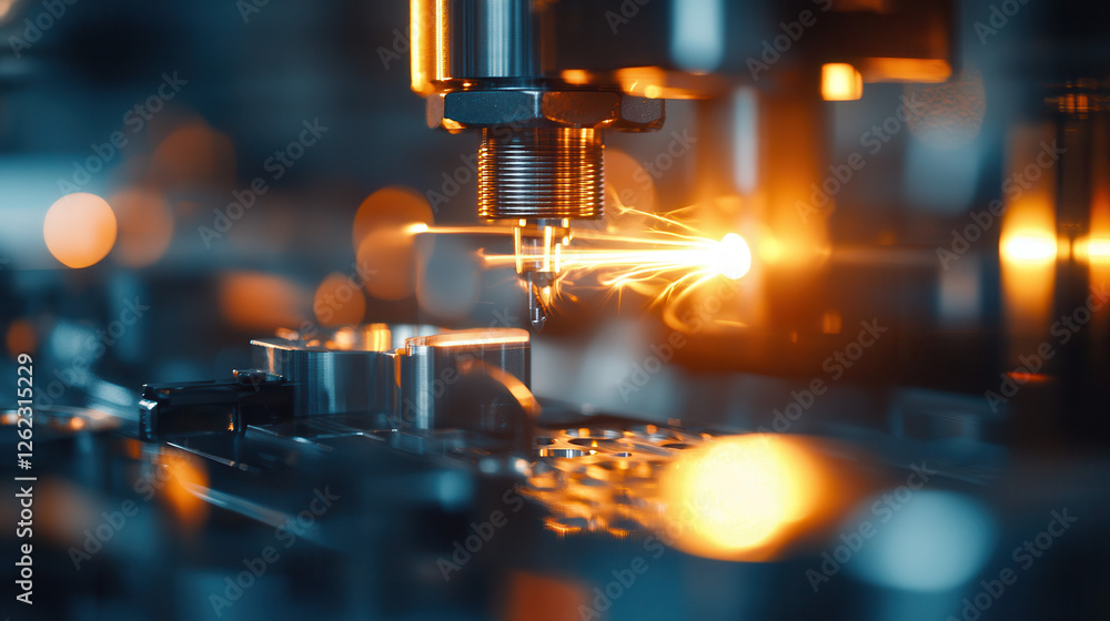 Modern portrayal of steel stamping line with sparks and machinery Modern portrayal of steel stamping line with sparks and machinery