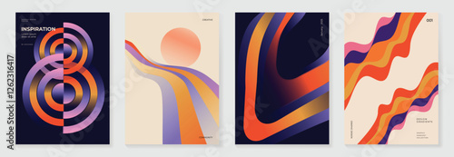 Collection of 70s color gradient poster background vector. Set of retro wall decoration, groovy, trippy, geometric shape. Vintage hippie wall art for interior, decorative, banner, cover, card.